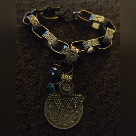 Handmade Jewelry - Bohemian Silver-Tone Engraved Pendant Bracelet with Teal Accent Bead